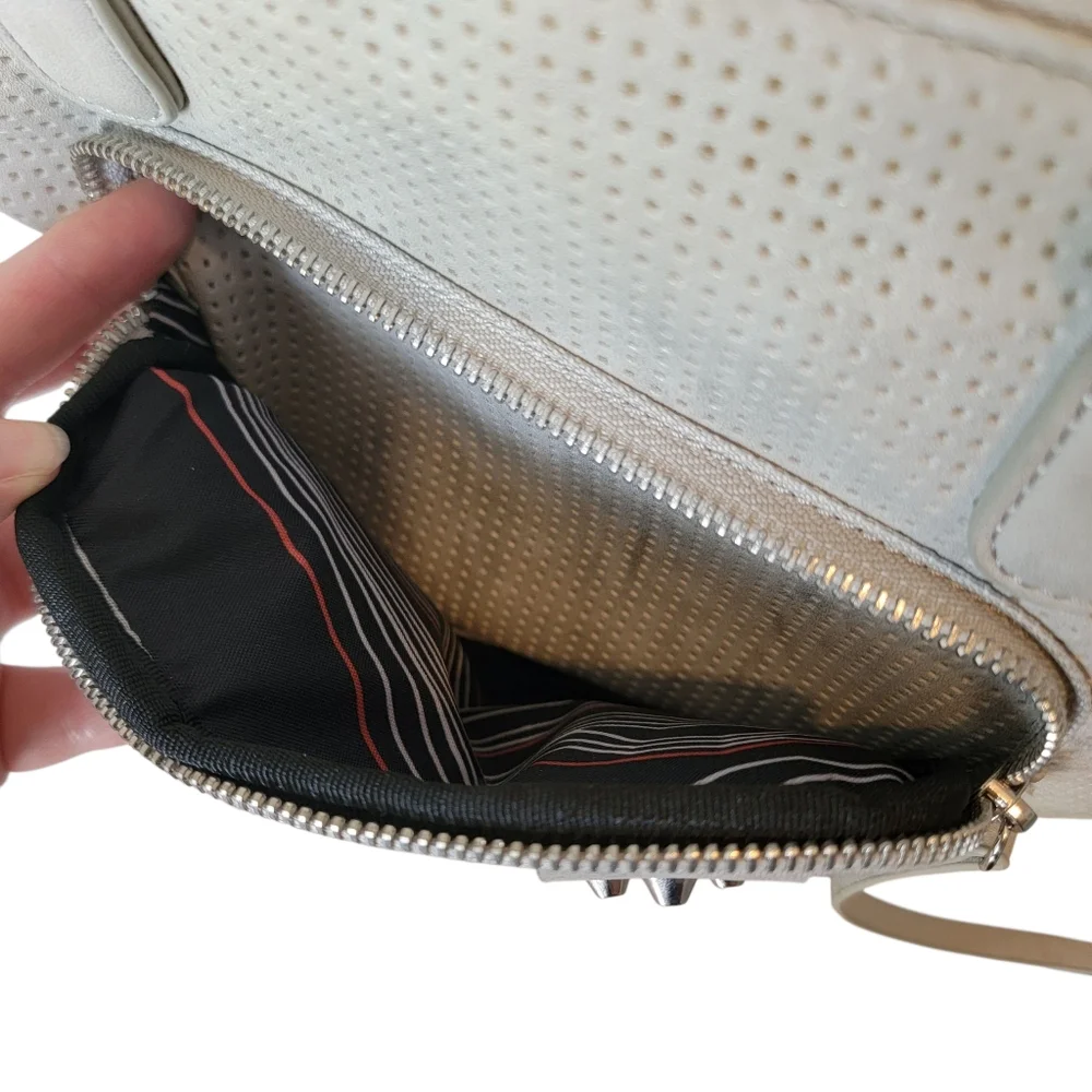 She + Lo Hobo Bag Gray Cutout Pattern Studded Faux Leather Missing Strap EUC